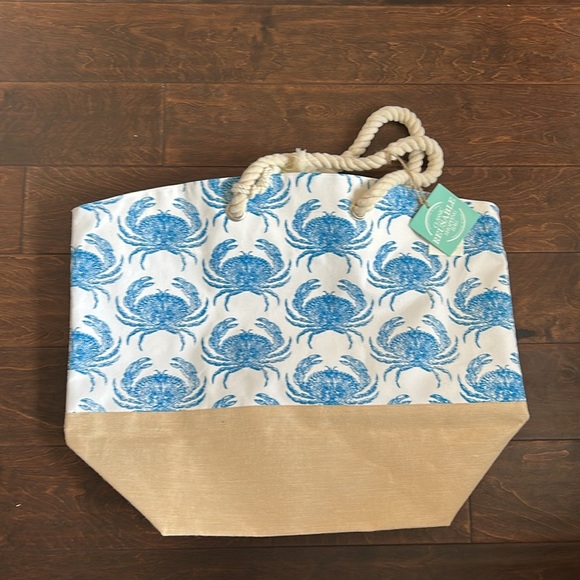 New Nautical Beach bag NWT Blue Crabs White Beige Canvas Extra Large Reusable - Picture 2 of 2